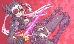  blush breasts cleavage cleavage_cutout clothing_cutout cross cross_background eyes_visible_through_hair female fingernails glitch glowing glowing_sword glowing_weapon grey_legwear hatching_(texture) helmet holding holding_weapon long_fingernails long_hair mask nakayama_tooru orange_eyes original parted_lips patterned patterned_background red_eyes science_fiction sharp_teeth skull_mask smile solo sword teeth transparent twintails unworn_mask very_long_fingernails weapon white_hair 