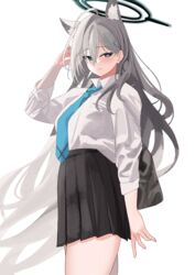  absurdres ahoge animal_ear_fluff animal_ears aqua_necktie black_skirt blue_archive blush breasts cosplay extra_ears female grey_hair halo highres large_breasts light_smile long_hair looking_at_viewer mismatched_pupils necktie pleated_skirt school_uniform shiroko_(blue_archive) shiroko_(blue_archive)_(cosplay) shiroko_terror_(blue_archive) shirt shirt_tucked_in simple_background skirt solo straight_hair tnr_(horiko1525) very_long_hair white_background white_shirt wolf_ears 