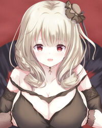  azur_lane bare_shoulders black_dress blonde_hair breasts breasts_squeezed_together brown_hat cleavage collarbone commentary_request detached_sleeves dress drill_hair drill_sidelocks female hat highres huge_breasts jewelry kisuish light_blush long_hair looking_at_viewer luetzow_(azur_lane) luetzow_(everlasting_blood_banquet)_(azur_lane) mini_hat necklace official_alternate_costume open_mouth red_background red_eyes sidelocks simple_background solo upper_body 