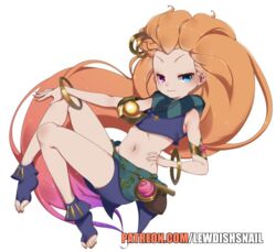  bracelet crop_top female floating heterochromia jewelry league_of_legends legs lewdishsnail long_hair midriff multicolored_hair orange_hair patreon_username pendant petite scarf shorts simple_background skinny solo thighs toeless_legwear very_long_hair white_background zoe_(league_of_legends) 