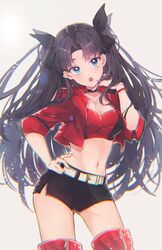  belt belt_buckle black_hair blue_eyes bracelet breasts buckle choker cleavage commentary_request cowboy_shot cropped_jacket fate/stay_night fate_(series) female hand_on_own_hip highres jacket jewelry long_hair looking_at_viewer medium_breasts midriff navel official_alternate_costume open_mouth red_jacket short_sleeves shorts solo standing suna_co thighhighs thighs tohsaka_rin twintails 