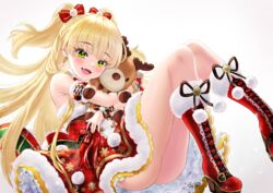  :d artist_name blonde_hair blush boots bow breasts cross-laced_footwear detached_sleeves dress earrings fangs female fur-trimmed_boots fur_trim green_eyes hairbow high_heel_boots high_heels idolmaster idolmaster_cinderella_girls jewelry jougasaki_rika knee_boots lace-up_boots lips long_hair looking_at_viewer open_mouth pom_pom_(clothes) red_bow red_dress red_footwear revision ring signature simple_background small_breasts smile snowflake_earrings snowflake_print solo striped striped_bow stuffed_animal stuffed_reindeer stuffed_toy two_side_up yapo_(croquis_side) 