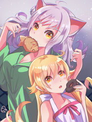  2girls :3 absurdres animal_ears anotherplus bakemonogatari bakeneko black_hanekawa blonde_hair breasts cat_ears cat_girl cleavage commentary_request doughnut food food_in_mouth green_shirt grey_hair hanekawa_tsubasa highres holding holding_food large_breasts long_hair monogatari_(series) mouth_hold multiple_girls nekomonogatari oshino_shinobu paw_pose pointy_ears shirt smile taiyaki vampire wagashi yellow_eyes 