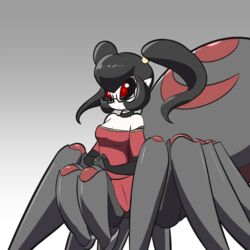  1:1 arachnid arachnid_taur arthropod arthropod_taur big_eyes black_hair black_sclera bottomwear breasts cesil_(zedrin) clothing eyewear female glasses hair humanoid humanoid_pointy_ears humanoid_taur red_bottomwear red_clothing red_eyes red_shirt red_skirt red_topwear shirt skirt small_breasts solo spider spider_taur taur topwear twintails zedrin 