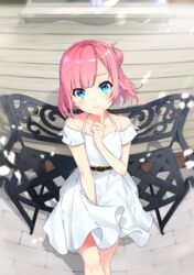  bare_shoulders belt blue_eyes bon_(bonbon315) breasts brown_belt collarbone commentary_request dress female fisheye from_above highres looking_at_viewer original pink_hair short_hair short_sleeves sitting small_breasts smile solo white_dress 