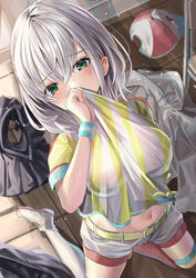  asymmetrical_legwear baseball_cap blush breasts clothes_lift cosplay female from_above green_eyes grey_hair hair_between_eyes hat highres hololive kneeling large_breasts lifting_own_clothes looking_at_viewer medium_hair mismatched_legwear navel oozora_subaru oozora_subaru_(1st_costume) oozora_subaru_(cosplay) red_thighhighs shigiroid shirogane_noel shirt shirt_lift shoes short_sleeves shorts sneakers solo stomach striped_clothes striped_shirt sweatband t-shirt thighhighs tied_shirt two-tone_shirt unworn_headwear vertical-striped_clothes vertical-striped_shirt virtual_youtuber white_footwear white_shirt white_shorts white_thighhighs yellow_shirt 