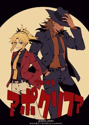  1boy arm_up arsene_lupin_iii arsene_lupin_iii_(cosplay) belt black_belt black_headwear black_pants black_shirt blonde_hair breasts brown_hair cigarette collared_shirt commentary_request cosplay fate/apocrypha fate_(series) female hair_ornament hair_scrunchie hand_in_pocket hand_on_headwear hat highres jacket jigen_daisuke jigen_daisuke_(cosplay) long_hair lupin_iii medium_breasts meiji_ken mordred_(fate) mordred_(fate/apocrypha) necktie open_clothes open_jacket orange_necktie pants parted_bangs red_jacket red_scrunchie red_shirt scar scrunchie shirt shirt_tucked_in shishigou_kairi short_hair smile tie_clip translation_request twitter_username white_pants 