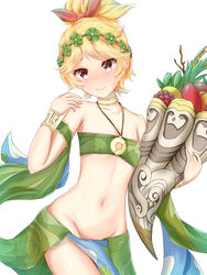  bikini blonde_hair blush bow cornucopia demeter_(megami_tensei) female flat_chest food fruit head_wreath highres konowa_(pixiv30906526) midriff navel ponytail purple_eyes shin_megami_tensei shin_megami_tensei:_strange_journey smile solo swimsuit 