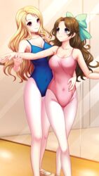  2girls athletic_leotard ballerina ballet ballet_slippers barre blonde_hair blue_eyes blue_leotard bow breasts brown_hair cleavage closed_mouth collarbone covered_navel dance_studio dancing doukyuusei_2 doukyuusei_another_world eye_contact floating_hair game_cg green_bow hair_intakes hairbow indoors kakyuusei_2 leotard long_hair looking_at_another maijima_karen medium_breasts mirror multiple_girls pantyhose pink_leotard red_eyes shirai_yuuri sideboob smile spaghetti_strap thigh_gap very_long_hair white_legwear white_pantyhose 