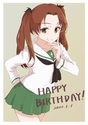  absurdres arm_behind_back black_neckerchief black_ribbon border brown_eyes brown_hair commentary_request cowboy_shot dated female gesture_request girls_und_panzer gradient_background green_skirt grin hair_ribbon hand_on_own_ass hand_to_own_mouth hand_up happy_birthday highres kadotani_anzu long_hair long_sleeves looking_at_viewer neckerchief ooarai_school_uniform oritako parted_bangs pleated_skirt ribbon sailor_collar school_uniform serafuku shirt skirt smile solo standing teeth twintails white_border white_sailor_collar white_shirt 