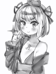  bad_id bad_pixiv_id bikini blush body_writing closed_mouth commentary_request female flat_chest greyscale hair_ribbon hand_up hat highres indie_virtual_youtuber looking_at_viewer mahjong mahjong_tile monochrome nanashi_(nlo) ribbon senba_kurono short_hair simple_background smile solo swimsuit tokin_hat upper_body virtual_youtuber white_background 