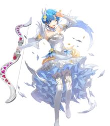  blue_eyes blue_hair boots bow_(weapon) breasts bride circlet clenched_hand detached_collar dress feather_trim female fire_emblem fire_emblem:_the_binding_blade fire_emblem_heroes full_body hair_ornament hakou_(barasensou) high-low_skirt highres holding holding_bow_(weapon) holding_weapon jewelry looking_away medium_breasts non-web_source official_art one_eye_closed open_mouth pantyhose shanna_(bridal)_(fire_emblem) shanna_(fire_emblem) short_hair solo strapless strapless_dress tachi-e thigh_boots thighhighs torn_clothes transparent_background weapon wedding_dress white_dress white_footwear 