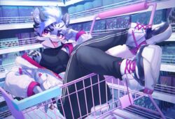  2021 absurd_res anthro athletic athletic_male bottomwear building cart clothing domestic_cat ear_piercing felid feline felis food footwear fur grocery_store hi_res hoodie inside kemono kitkat male mammal manadezimon pantherine pants piercing plantigrade pocky product_placement reese&#039;s_puffs shoes shopping_cart sitting socks solo tattoo tiger tight_clothing tongue tongue_out tongue_piercing topwear 