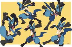  absurdres bad_id bad_pixiv_id border commentary furry highres koyama_miki legs_apart lucario open_mouth orange_eyes pokemon pokemon_(creature) signature spikes standing toes white_border yellow_background yellow_fur 