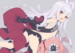  antenna_hair ass bare_shoulders barefoot black_skirt blunt_bangs female flat_chest frilled_skirt frills galaktika gamuo gauntlets grey_background grey_hair hoshimiya_kate long_hair looking_at_viewer looking_back lowleg lowleg_skirt open_mouth red_eyes sekai_seifuku:_bouryaku_no_zvezda simple_background skirt star_(symbol) stuffed_animal stuffed_toy venera-sama very_long_hair 