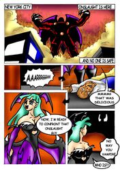  1boy 1girls artist_request capcom clothing comic crossover darkstalkers eastern_and_western_character marvel marvel_vs._capcom morrigan_aensland small_breasts spider-man_(series) straight_hair succubus symbiote venom 