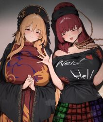  258n 2girls :d alternate_breast_size_(larger) black_dress black_hat black_shirt blonde_hair blush breasts chains chinese_clothes closed_eyes closed_mouth clothes_writing commentary crescent_print dalachi_(headdress) dress energy_tail facing_viewer fox_tail gold_chain hat hecatia_lapislazuli highres huge_breasts junko_(touhou) long_hair long_sleeves multicolored_skirt multiple_girls multiple_tails off-shoulder_shirt off_shoulder open_mouth own_hands_clasped own_hands_together red_eyes red_hair red_tabard shirt skirt smile t-shirt tabard tail taut_clothes taut_shirt touhou underworld_(ornament) wide_sleeves 