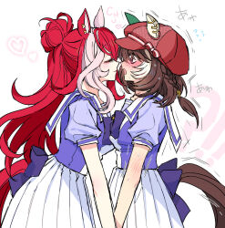  2girls animal_ears blush bow bowtie breasts brown_hair closed_eyes closed_mouth commentary_request didi_(whaqlrpwjd) ear_covers ears_through_headwear hair_between_eyes hat heart highres horse_ears horse_girl horse_tail long_hair looking_at_another loves_only_you_(umamusume) marche_lorraine_(umamusume) medium_breasts mismatched_ear_covers multicolored_hair multiple_girls open_mouth pleated_skirt puffy_short_sleeves puffy_sleeves purple_bow purple_bowtie purple_eyes purple_shirt red_hair sailor_collar sailor_shirt school_uniform shirt short_hair short_sleeves skirt smile summer_uniform sweat tail tracen_school_uniform umamusume white_sailor_collar white_skirt yuri 
