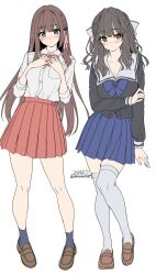  2girls absurdres black_cardigan blue_bow blue_eyes blue_skirt blue_socks blush bow braid breasts brown_eyes brown_hair brown_shoes cardigan cleavage closed_mouth collared_shirt commentary grey_hair hairbow highres large_breasts long_hair long_sleeves looking_at_viewer medium_breasts multiple_girls original pleated_skirt red_bow red_skirt sailor_collar school_uniform shirt shoes simple_background skirt smile socks thighhighs unasaka_ryou untranslatable_commentary white_background white_bow white_sailor_collar white_shirt white_thighhighs 