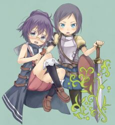  2girls aqua_background armor black_hair black_pantyhose black_socks blue_eyes blue_skirt blush brown_shoes commentary_request etori glasses hair_between_eyes high_ponytail highres holding holding_sword holding_weapon looking_at_viewer medic_(sekaiju_4) medic_2_(sekaiju_4) multiple_girls open_mouth pantyhose pink_skirt pleated_skirt ponytail puffy_short_sleeves puffy_sleeves purple_hair sailor_collar sekaiju_no_meikyuu sekaiju_no_meikyuu_4 shoes short_sleeves skirt socks sword swordsman_(sekaiju_4) swordsman_2_(sekaiju_4) teeth upper_teeth_only weapon white_sailor_collar 