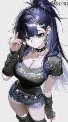  absurdres adjusting_eyewear arm_warmers belt black_choker black_eyes black_hair black_nails black_shirt black_thighhighs blue_hair blue_shorts blunt_bangs breasts chiromi choker cleavage closed_mouth collarbone commentary cowboy_shot cutoffs denim denim_shorts ear_piercing earrings empty_eyes expressionless eyeshadow female glasses glint goth_fashion gradient_hair hair_ornament hairclip hand_on_eyewear hand_up highres jewelry large_breasts long_hair looking_at_viewer looking_over_eyewear makeup midriff_peek mole mole_under_eye multicolored_hair nail_polish necklace oerba_yun_fang original piercing ponytail revision rimless_eyewear shirt short_shorts short_sleeves shorts shoulder_tattoo simple_background skin_fang solo spiked_choker spikes tattoo thighhighs thighs torn_clothes torn_shorts two-tone_hair very_long_hair white_background 