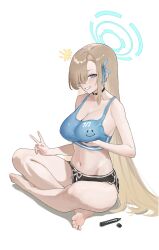  asuna_(blue_archive) barefoot black_shorts blonde_hair blue_archive blue_eyes blue_halo blue_tank_top blush breasts choker cleavage clothes_writing collarbone commentary crossed_legs dolphin_shorts feet female full_body grin hair_over_one_eye hair_ribbon halo highres indian_style large_breasts long_hair looking_at_viewer nasknnaskn navel ribbon shorts sitting smile smiley_face soles solo tank_top thighs toes untranslatable_commentary v very_long_hair 