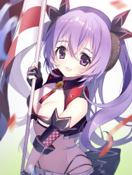 belt black_gloves black_horns breasts checkered_flag cleavage commentary_request female flag gloves hair_between_eyes hair_ribbon hanyuu highres higurashi_no_naku_koro_ni holding holding_flag horns long_hair mutsuki_(fujisakike) official_alternate_costume partially_fingerless_gloves purple_eyes purple_hair ribbon solo twintails white_belt 