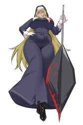  absurdres black_boots black_coif black_dress black_veil blonde_hair blood blood_on_clothes blood_on_face blood_on_weapon blood_splatter boots breasts breath coif commission commissioner_upload covered_navel dress female foreshortening from_below full_body glaring gloves guimpe hand_on_own_hip high_heel_boots high_heels highres holding holding_mace holding_weapon huge_breasts huge_weapon impossible_clothes impossible_dress iris_the_dropout_witch_and_the_philosopher's_stone long_hair looking_at_viewer looking_down mace menacing mole mole_under_mouth nisp_art non-web_source nun nun_headdress parted_lips pinel_(sikorsky_taisa) purple_eyes rope rope_belt shaded_face sidelocks simple_background sleeve_cuffs solo teeth traditional_nun veil very_long_hair weapon white_gloves 