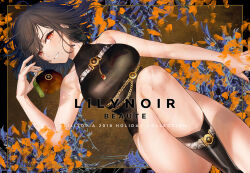  black_one-piece_swimsuit body_chain boots breasts brown_hair collarbone commentary_request english_text female kippu large_breasts looking_at_viewer mole mole_under_mouth one-piece_swimsuit original parted_lips red_eyes short_hair solo swimsuit 