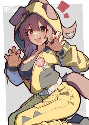  :3 :d animal_ears belt black_boots black_shirt blush boots border breasts bright_pupils brown_hair claw_pose cleavage commentary_request dog_ears dog_girl dog_tail double-parted_bangs feet_out_of_frame female grey_background hair_between_eyes hands_up highres hololive hood hood_up hooded_jacket inugami_korone jacket large_breasts long_hair long_sleeves looking_at_viewer notice_lines open_clothes open_jacket open_mouth outside_border pants red_eyes shirt simple_background smile solo tail tetenka twitter_username virtual_youtuber white_belt white_border white_pupils yellow_jacket yellow_pants 