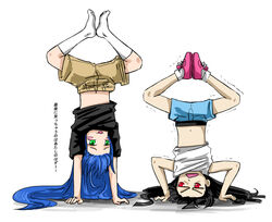  2girls crossover enma_ai handstand headstand izumi_konata jigoku_shoujo lucky_star multiple_girls photoshop_(medium) shorts translated trembling upside-down yaya_(y8ay8a) 