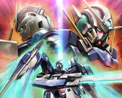  00_gundam 00_raiser 0_gundam armor commentary_request energy_beam glowing glowing_sword glowing_weapon gundam gundam_00 gundam_exia helmet machinery mecha mecha_focus mechanical_wings mobile_suit no_humans photoshop_(medium) robot science_fiction sword v-fin weapon wings zhenlin 