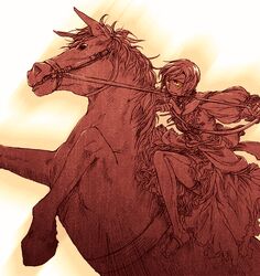  breasts commentary_request detached_collar dress female frown gem holding horse horseback_riding light_trail long_sleeves medieval meiko_(vocaloid) monochrome no_shoes puffy_sleeves rearing red_theme riding short_hair solo spot_color thighhighs vocaloid watari_taichi yellow_eyes 