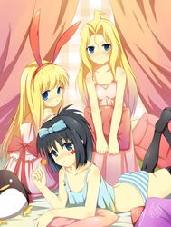  3girls ahoge amae_koromo animal_ears black_hair blonde_hair blue_eyes blush bow candy commentary_request etopen food foreverchaos kunihiro_hajime lingerie lollipop multiple_girls panties rabbit_ears ryuumonbuchi_touka saki_(manga) striped_clothes striped_panties stuffed_animal stuffed_penguin stuffed_toy underwear 