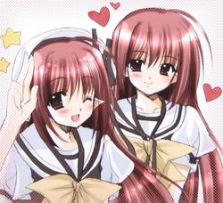  2girls blush brown_eyes dual_persona heart kikyou_(shuffle) lisianthus long_hair multiple_girls national_verbena_academy_school_uniform nishimata_aoi one_eye_closed open_mouth pointy_ears school_uniform shuffle! siblings sisters star_(symbol) 