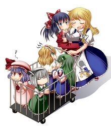  6+girls :3 =_= aged_down alice_margatroid apron ascot bad_id bad_pixiv_id black_hair black_ribbon blonde_hair blue_skirt blush bow braid capelet carrying closed_eyes crossed_arms crow_(crowatelier) detached_sleeves dress eighth_note finger_in_own_mouth frilled_dress frills green_dress green_eyes green_hair grey_hair hair_ribbon hairbow hakurei_reimu hat hat_ribbon jealous kirisame_marisa kochiya_sanae konpaku_youmu lolicon long_dress mob_cap multiple_girls musical_note open_mouth pink_dress platform_truck purple_hair pushing red_dress red_eyes red_ribbon remilia_scarlet ribbon ribbon-trimmed_sleeves ribbon_trim sarashi shirt shoes side_braid simple_background single_braid skirt sneakers spoken_musical_note sweatdrop toddler touhou waist_apron walking white_background yukkuri_shiteitte_ne 