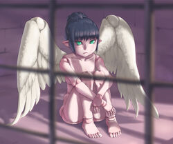  bad_id bad_pixiv_id blue_hair commentary_request conjoh doll_joints female green_eyes joints nude original partial_commentary pointy_ears ponytail sidelocks sitting solo wings 