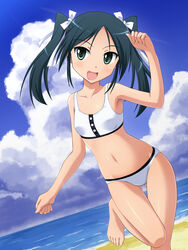  :d arm_up armpits ass_visible_through_thighs barefoot beach bikini black_hair blush cloud collarbone commentary_request day dutch_angle feet female flat_chest francesca_lucchini green_eyes hair_ribbon hyokkori_tamago long_hair navel ocean open_mouth outdoors ribbon sand sky smile solo standing standing_on_one_leg strike_witches swimsuit tankini thigh_gap twintails water white_bikini white_ribbon white_tankini world_witches_series 