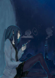  black_hair building cardigan cigarette city city_lights commentary_request dome female hrd long_hair night original pantyhose pleated_skirt sitting skirt sky smoke smoke_ring smokestack smoking solo star_(sky) star_(symbol) starry_sky sweater 