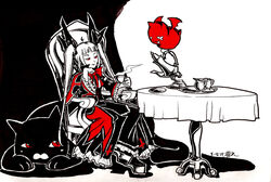  bat_(animal) blazblue chair commentary_request creamer_(vessel) deityofshadows feline female frills gii gothic_lolita hair_ribbon lolita_fashion nago photoshop_(medium) platform_footwear rachel_alucard red_eyes ribbon sitting table tail tea tea_set 