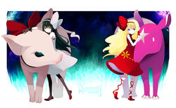  2girls blonde_hair blue_eyes commentary_request dress green_hair kintaro long_hair multiple_girls orange_eyes photoshop_(medium) pig pixiv pixiv_shadow tapir 