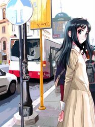  angelica_(gunslinger_girl) artist_request backpack bag black_hair building bus bus_stop car dress female grey_eyes gunslinger_girl hair_ribbon italy long_hair mercedes-benz motor_vehicle ribbon rome_(city) sign solo traffic truck 