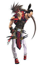  1boy brown_hair fireseal guilty_gear highres ishiwatari_daisuke left-handed male_focus official_art photoshop_(medium) sol_badguy solo sword weapon 