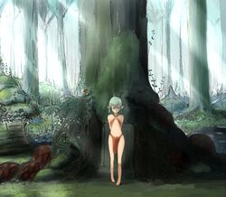  aqua_eyes aqua_hair arms_behind_back barefoot commentary_request female forest legs loincloth nature original partial_commentary plant pointy_ears short_hair solo sunlight yammy_(cellblo) 