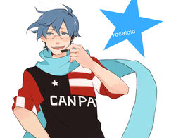  1boy blue_eyes blue_hair blue_scarf commentary_request cosplay fuuga_naoto fuuga_naoto_(cosplay) glasses headset kaito_(vocaloid) luo_zi male_focus photoshop_(medium) scarf solo vocaloid voice_actor_connection 