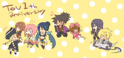  4boys 4girls alternate_costume amazu_(tokyo) armor black_hair blonde_hair blue_hair bow braid brown_hair canine chibi commentary_request estellise_sidos_heurassein flynn_scifo gloves goggles green_eyes hat highres judith_(tales) karol_capel karol_capel_(girly) long_hair midriff multiple_boys multiple_girls official_alternate_costume patty_fleur photoshop_(medium) pink_bow pink_hair pointy_ears ponytail raven_(tales) repede_(tales) ribbon rita_mordio short_hair smile tales_of_(series) tales_of_vesperia tears twin_braids yuri_lowell 