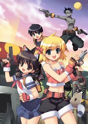  2boys 2girls absurdres animal_ears artist_request backpack bag bandages black_hair blonde_hair braid brown_hair cat_ears cocking_gun cyrus_(paper_man) dual_wielding fingerless_gloves gloves gun handgun hayate_(paper_man) highres holding holding_gun holding_weapon m1911 midriff millie_(paper_man) multiple_boys multiple_girls oerba_yun_fang paper_man school_uniform serafuku short_hair shorts skirt tina_(paper_man) trigger_discipline twin_braids weapon 