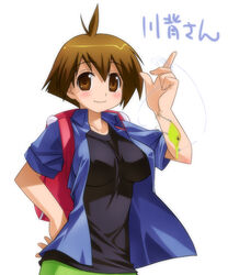  backpack bad_id bad_pixiv_id bag blush breasts brown_eyes brown_hair cleavage female fishing fishing_line fishing_lure large_breasts short_hair sleeves_rolled_up solo umekichi umihara_kawase umihara_kawase_(character) 