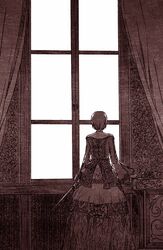  commentary_request curtains dress female from_behind indoors jewelry jewelry_box long_sleeves medieval meiko_(vocaloid) monochrome necklace short_hair solo standing sword vocaloid wall watari_taichi weapon wide_sleeves window 