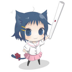  :3 animal_ears blue_eyes blue_hair cat_ears chibi commentary_request female hair_ornament hairclip holding_tenbou ikeda_kana kazekoshi_school_uniform lowres mahjong pink_skirt ribbon saki_(manga) school_uniform short_hair skirt solanari solo tail tail_ornament tail_ribbon tenbou thighhighs zettai_ryouiki 